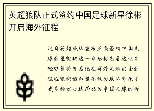 英超狼队正式签约中国足球新星徐彬开启海外征程