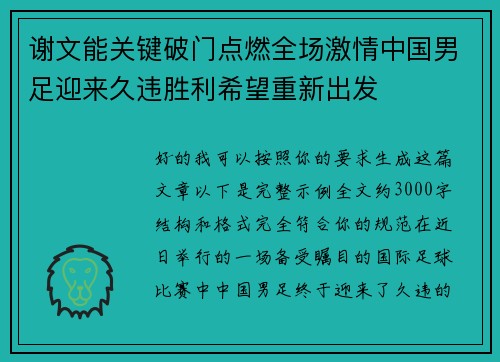 谢文能关键破门点燃全场激情中国男足迎来久违胜利希望重新出发